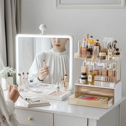 Delamu 4-Tier Makeup Organizer, Bathroom Counter Storage, 2 Drawers, Amber | Elegant Vanity Organizer Gift for Women, Holds Perfume, Skincare, Nail Polish & Hair Accessories for Bathroom Countertop
