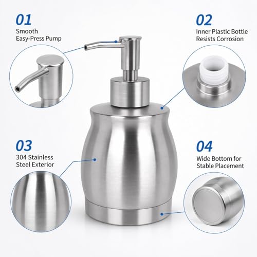Stainless Steel Countertop Soap Dispenser Liquid Bottle and Pump, Suitable for Various Places Such as Kitchen and Bathroom (Brushed Nickel, 390 ml/13 oz)