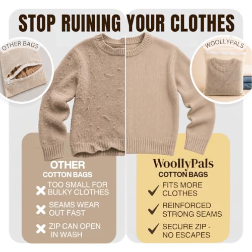 WoollyPals Large Cotton Mesh Laundry Bags (16" x 20") – 2-Pack with Drawstring Storage Pouch – Washer & Dryer Safe, Durable Zipper, Breathable Mesh for Clothes, Delicates, Underwear, Shoes & Lingerie