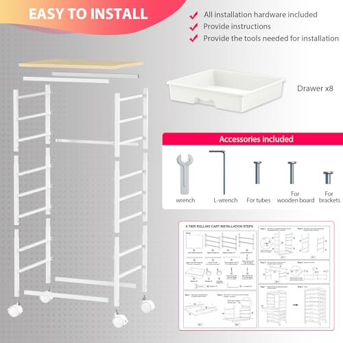 Rolling Cart with 8 Drawers for Art, Dorm, Office, Craft, White | Utility Cart Organizer With 8 Removable Drawers and Wooden Tabletop, Lockable Rolling Storage Organizer for Classroom, Home