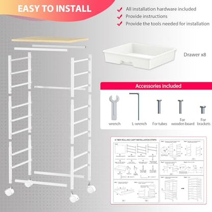 Rolling Cart with 8 Drawers for Art, Dorm, Office, Craft, White | Utility Cart Organizer With 8 Removable Drawers and Wooden Tabletop, Lockable Rolling Storage Organizer for Classroom, Home