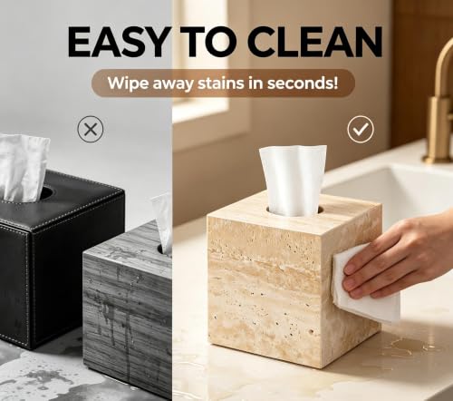 Natural Travertine Marble Tissue Box Holder Cover, Square Cube Tissue Box Holder with Open Bottom for Bathroom Vanity Tops, Bedroom Dressers, Kitchen Countertop, Travertine Beige(NS022)