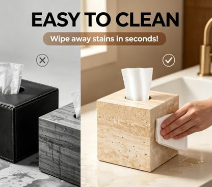 Natural Travertine Marble Tissue Box Holder Cover, Square Cube Tissue Box Holder with Open Bottom for Bathroom Vanity Tops, Bedroom Dressers, Kitchen Countertop, Travertine Beige(NS022)