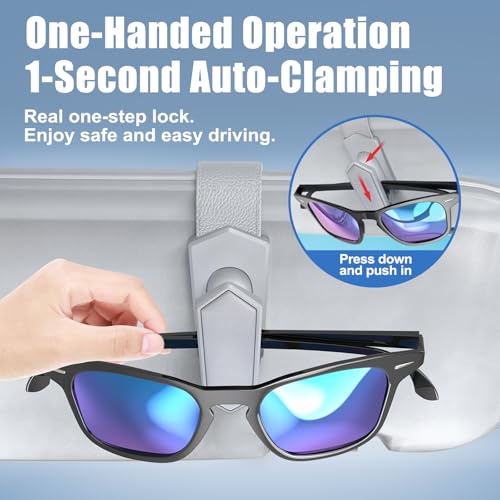 One-Handed-Operation Sunglasses Holder for Car, Visor Sunglass Holder Clip, Car Accessories Interior, Universal Fit Silicone Padded Visor Sunglass Holder Car, Unmatched Durability (2 Pack)