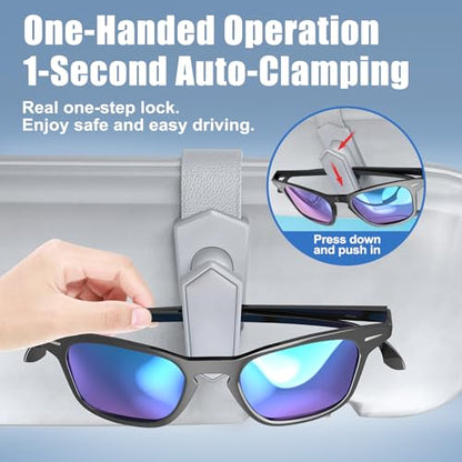 One-Handed-Operation Sunglasses Holder for Car, Visor Sunglass Holder Clip, Car Accessories Interior, Universal Fit Silicone Padded Visor Sunglass Holder Car, Unmatched Durability (2 Pack)
