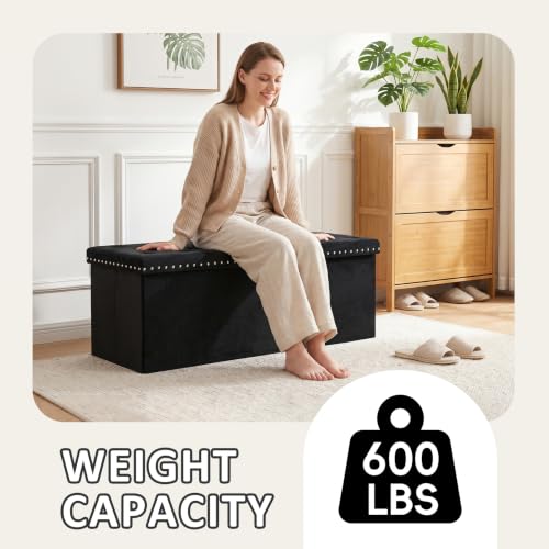 Black Storage Ottoman Bench for Bedroom, Folding Velvet Chest with Benches Foot Rest Stool, Large Long Shoes Chest for Bedroom, Living Room, 43.3"x15.7"x15.7"
