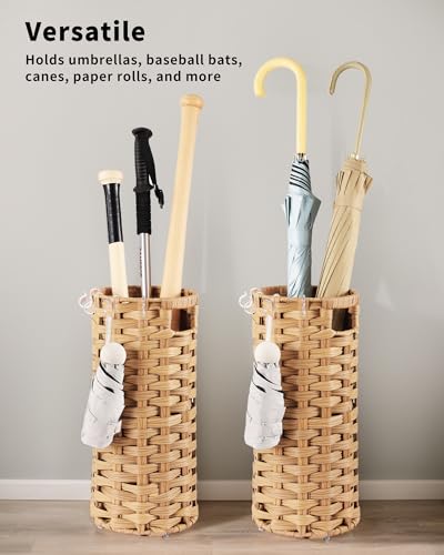 Rattan Umbrella Stand, Umbrella Holder for Entryway, Hand Woven Umbrella Rack Organizer Freestanding, with a Detachable Drip Tray, 4 Hooks, 7.5" L x 7.5" W x 16.5" H
