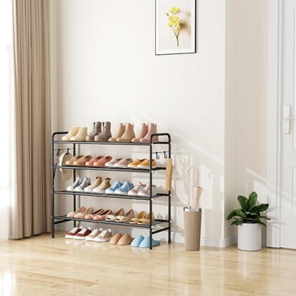 VILICK 4-Tier Shoe Rack 33" Wide Metal Shoe Organizer Long Shoe Storage with 4 Side Hooks Sturdy Shoes Shelf for Closet, Front Door Entrance, Garage, Dorm, Black