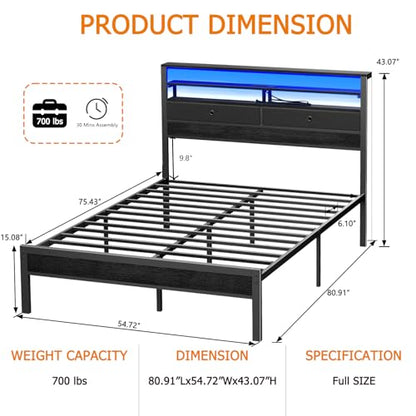 Full Size Bed Frame with Headboard & 2 Fabric Drawers, Black Oak