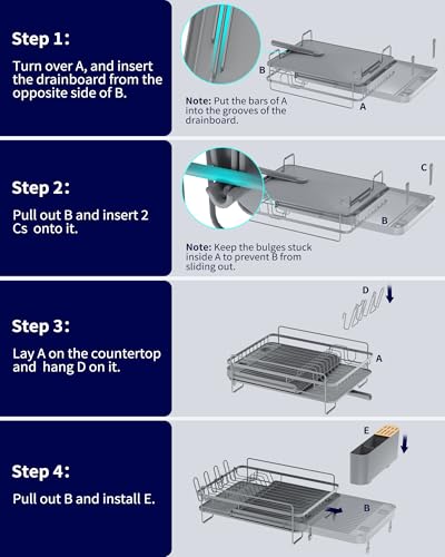Kitsure Extendable Large Dish Drying Rack, 18.2"-25.7" L x 12.9" W, Grey | Large Drying Dish Rack with Cutlery, Cup Holders, Multifunctional Dish Rack for Counter with Drainage, Anti-Rust Dish Drainer