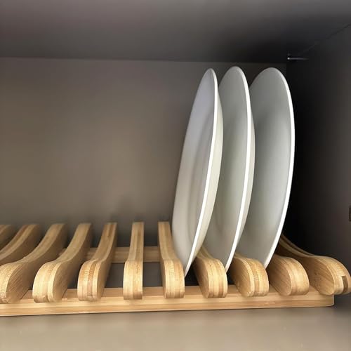 Bamboo Dish Drying Rack, 10 Slots Bamboo Cabinet Plate Stand Dish Drainer Wooden Plate Rack Pot Lid Holder Kitchen Dish Plate Storage Organizer for Countertop Cabinet