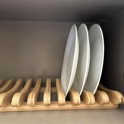 Bamboo Dish Drying Rack, 10 Slots Bamboo Cabinet Plate Stand Dish Drainer Wooden Plate Rack Pot Lid Holder Kitchen Dish Plate Storage Organizer for Countertop Cabinet