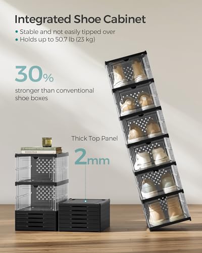 SONGMICS Foldable Shoe Boxes, Stackable Shoe Storage Organizer | Pack of 18, Portable, Fit up to US size 13, 60s Assembly, Transparent and Ink Black ULSP207B01