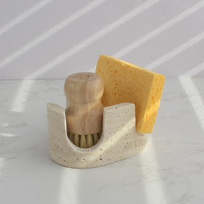 Natural Travertine Marble 2-Slot Sponge Holder for Kitchen Counter, 2-in-1 Stone Drying Rack, Sponge Caddy for Sink Organizer - Beige Travertine