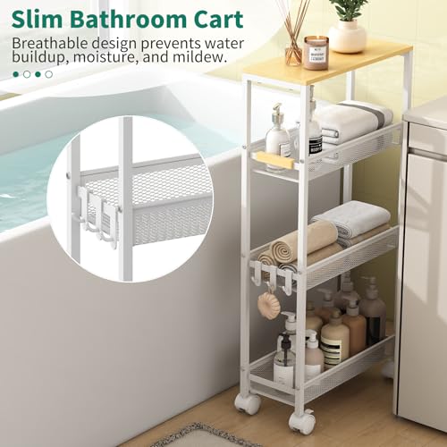 Utility Slim Storage Cart, 4 Tier Rolling Cart with Wheels, Narrow Storage Cabinet for Bathroom, Laundry Shelves for Room Organization, Small Organizer for Kitchen, Office and Dorm (White)