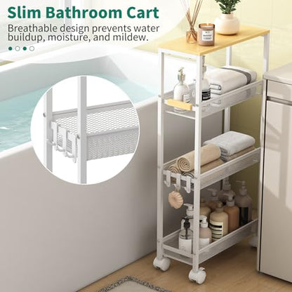 Utility Slim Storage Cart, 4 Tier Rolling Cart with Wheels, Narrow Storage Cabinet for Bathroom, Laundry Shelves for Room Organization, Small Organizer for Kitchen, Office and Dorm (White)