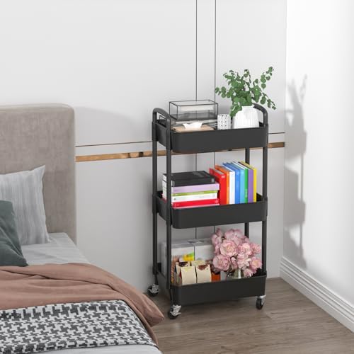 Sywhitta 3-Tier Plastic Rolling Utility Cart with Wheels for Storage,Black | Multi-Functional Storage Trolley, for Office, Living Room, Kitchen, Bathroom,Movable Organizer,Space-Saving,Easy to assemble