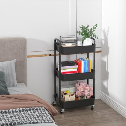 Sywhitta 3-Tier Plastic Rolling Utility Cart with Wheels for Storage,Black | Multi-Functional Storage Trolley, for Office, Living Room, Kitchen, Bathroom,Movable Organizer,Space-Saving,Easy to assemble