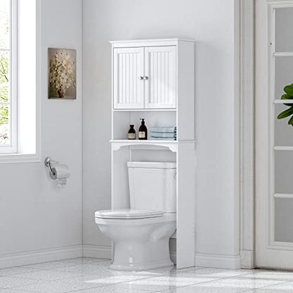 Spirich Over The Toilet Storage Cabinet with Doors, Bathroom Organizer | White, Adjustable Shelf, Anti-Tip Fitting, FSC-Certified MDF, Beadboard Design, 33.3" Toilet Clearance, Adjustable Crossbar