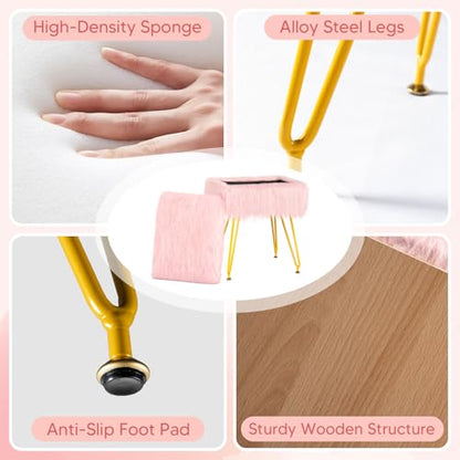 Vanity Stool Chair with Storage, Soft Ottoman Seat Vanity Chair with Anti-Slip Feet, Fluffy Padded Seat Multifunctional Footrest Side Table with 4 Metal Legs for Makeup, Bedroom, Dorm, Pink