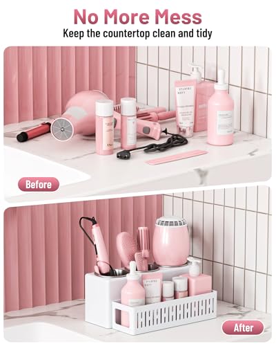 Hair Tool Organizer, Detachable Hair Dryer Holder with 3 Stainless Steel Cups, Wall Mounted Bathroom Organizers and Storage for Accessories, Curling Irons, Straighteners, Toiletries, Makeup