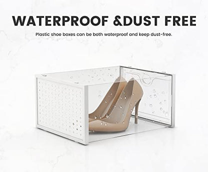 XXL 12 Pack Shoe Storage Box Clear Plastic Stackable Shoe Organizer | Large Capacity for Size 14, 6.8” Height for High Shoes, Ventilation Holes, Sneaker Storage for Sneakerheads, Closet Entryway