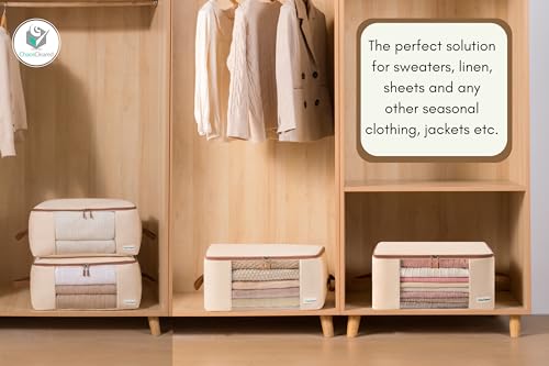 Canvas Storage Bags Designer Organizer for Clothing 2 Pack – Clothes Organizers for sweaters, clothing, garment, bedding, quilt, linens, large bag with zip & window, mothproof