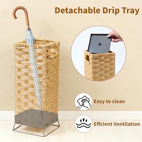 Umbrella Holder for Entryway - Handwoven Rattan Umbrella Stand Indoor with Water Reservoir Base, Durable Metal Hooks & Drip Tray, Stylish Umbrella Basket and Umbrella Storage Bucket