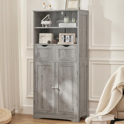 Iwell Storage Cabinet with 2 Drawers & Adjustable Shelf, Tall Bathroom Cabinet with Doors, Cupboard, Kitchen Cabinets for Living Room, Dining Room, Entryway, Grey
