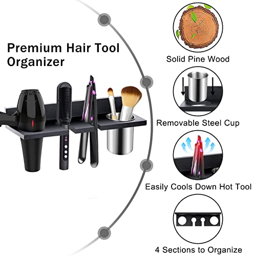 Hair Tool Organizer Wall Mounted - Wooden Dryer Holder, Blow Dryer Holder for Bathroom, Rustic Styling Tools Organizer for Flat Iron, Curling Wand, Hair Straighteners, Brushes, Black