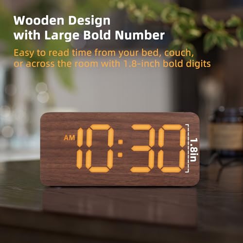 uscce Wooden Digital Alarm Clocks for Bedrooms with 0-100% Dimmable Display | Desk Clock with Large Numbers for Living Room - Loud Dual Alarm for Heavy Sleepers with Volume Control - Wood Decor & Gifts