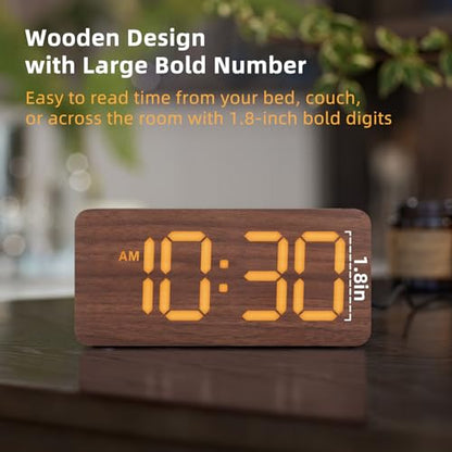 uscce Wooden Digital Alarm Clocks for Bedrooms with 0-100% Dimmable Display | Desk Clock with Large Numbers for Living Room - Loud Dual Alarm for Heavy Sleepers with Volume Control - Wood Decor & Gifts
