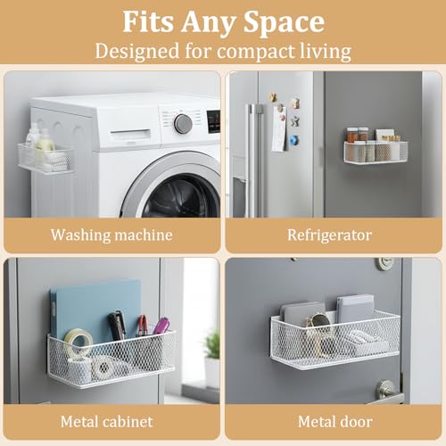 Magnetic Washer Shelf Organizer, White Magnetic Wire Basket with Strong Magnets, Metal Storage Shelf for Refrigerator, Washing Machine, Dryer, Kitchen and Laundry Room