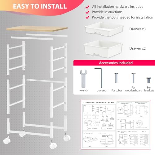 Rolling Cart with 5 Drawers for Craft, Art, Dorm, Office, White | Utility Cart Organizer With 5 Removable Drawers and Wooden Tabletop, Lockable Rolling Storage Organizer for Classroom, Home