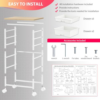 Rolling Cart with 5 Drawers for Craft, Art, Dorm, Office, White | Utility Cart Organizer With 5 Removable Drawers and Wooden Tabletop, Lockable Rolling Storage Organizer for Classroom, Home