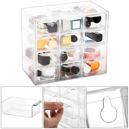 2 Pack Mini Desk Organizer with 12 Removable Drawers, Clear Plastic Desktop Drawer Organizer, Desk Craft Storage Box for DIY Crafts, Art Supply, Office, Cosmetic, Jewelry