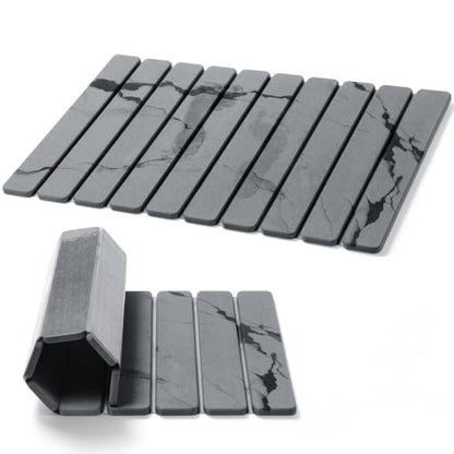 Foldable Stone Bath Mat, Non Slip Large Diatomaceous Shower Mat, Super Absorbent Quick Drying Stone Mat for Bathroom Kitchen Floor Counter Sink,Easy to Clean & Store (Dark Gray 24"×16")