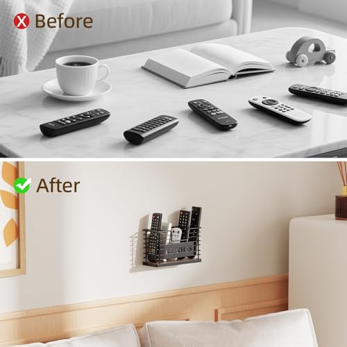 Remote Control Holder, 5-Slot TV Remote Holder Wall Mount, Universal Remote Caddy Large Size Design for Wall Table Living Room Bedroom, Easy Installation, Brown