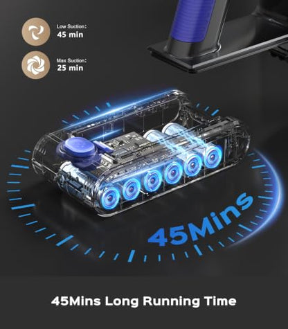 Cordless Vacuum Cleaner, 550W 50KPa 45Mins Vacuum Cleaners for Home, Self-Standing Stick Vacuum with Anti-Tangle Brush & LED Display for Hardwood Floors, Carpet, Pet Hair, Car