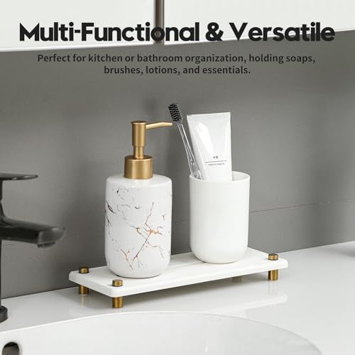 Water Absorbing Stone Sink Caddy Kitchen Sink Organizer Tray, Diatomite Bathroom Counter Tray, Gold Faucet Drying Mat Coaster Soap Dish Rack Riser Dispenser Sponge Holder, White 10" x 4"