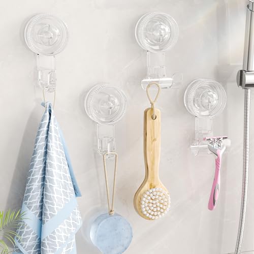 LUXEAR Suction Hooks,4 Pack 2razor Hooks 2 Single Hook Clear Removable & Reusable Vacuum Suction Hanger Waterproof Powerful Weather Hanger Hook for Towel Bathrobe Loofah Bathroom Kitchen Storage