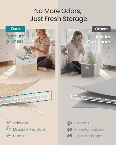 SONGMICS Storage Cubes, Set of 6 Foldable Fabric Storage Boxes, Cube Organizer Boxes with Handles, for Closet Shelves, Odorless, 10.2 x 10.2 x 11 Inches, Cloud White and Sand Beige URFB426LF02