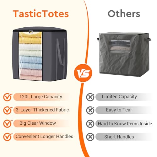120L Extra Large Blanket Clothes Storage Bags, Gray, 1 Pack | Foldable Blanket Storage and Organization, Thick Fabric Containers with Reinforced Handles & Zippers for Comforters, Bedding
