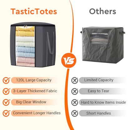 120L Extra Large Blanket Clothes Storage Bags, Gray, 1 Pack | Foldable Blanket Storage and Organization, Thick Fabric Containers with Reinforced Handles & Zippers for Comforters, Bedding