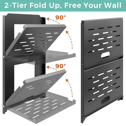 2-Tier Router Shelf Wall Mount Foldable - 10 inch Metal Outlet Shelf w/Cable Holes | Dual-Layer Organize & Connect for Router and Modem & Smart Home Decor | Folds Up & Stackable (Medium)