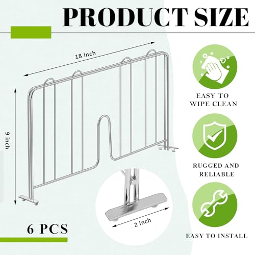 6 Pcs 18" W x 9" H Wire Shelf Divider Chrome Plated Steel Wire Rack Divider for Shelving Metal Accessories for Bathroom Kitchen Office Pantry Room Storage Organization, Silver