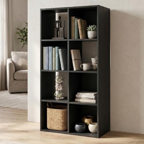 Signature Design by Ashley 8 Cube Storage Organizer, Black Bookcase | Engineered wood and decorative laminate, Dual-position vertical or horizontal setup, Fits 10.5-inch bins, Langdrew Series