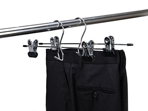 6 Quality Pants Hangers Heavy Duty Add-on Skirt/Slack Metal Hanger, Extra Wide Adjustable Clips, Multi Stackable Add on Hangers, Chrome, Jeans, Bottoms, Set of 6