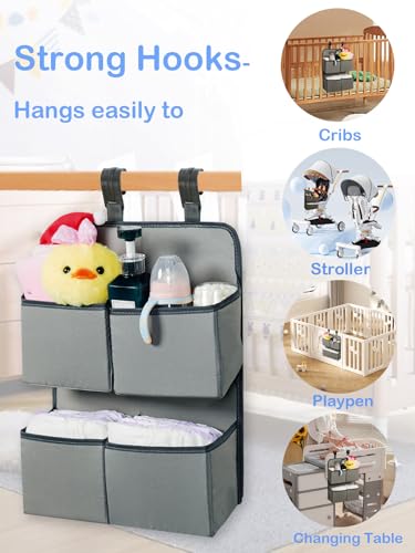 Hanging Diaper Organizer for Crib/Playpen/Bassinet/Playard – Hold 80+ Diapers - 4 Deep Pockets- Changing Table Diaper Holder Bag- Diaper Storage for Newborn Baby Essentials Stacker Caddy, Gray