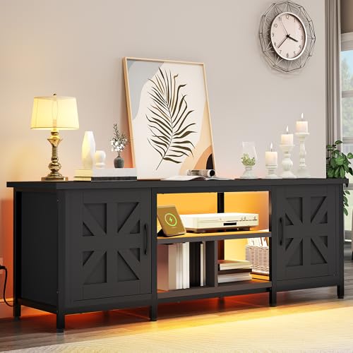 YITAHOME Farmhouse TV Stand with LED Lights & Charging Station, Black | Entertainment Center with Storage Cabinets & Shelves, Cross-Pattern Doors, Fits TVs up to 70'', TV Consoles for Living Room